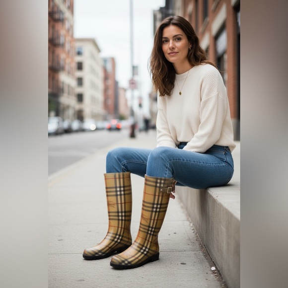 Women's Burberry House Check Pattern /Mid- Calf Rubber Rain Boots/Womens Size 37 - Picture 2 of 10